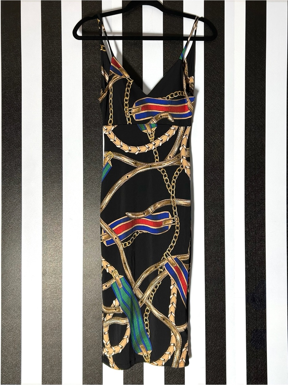 Black Bodycon Cocktail Dress with Chain Print
